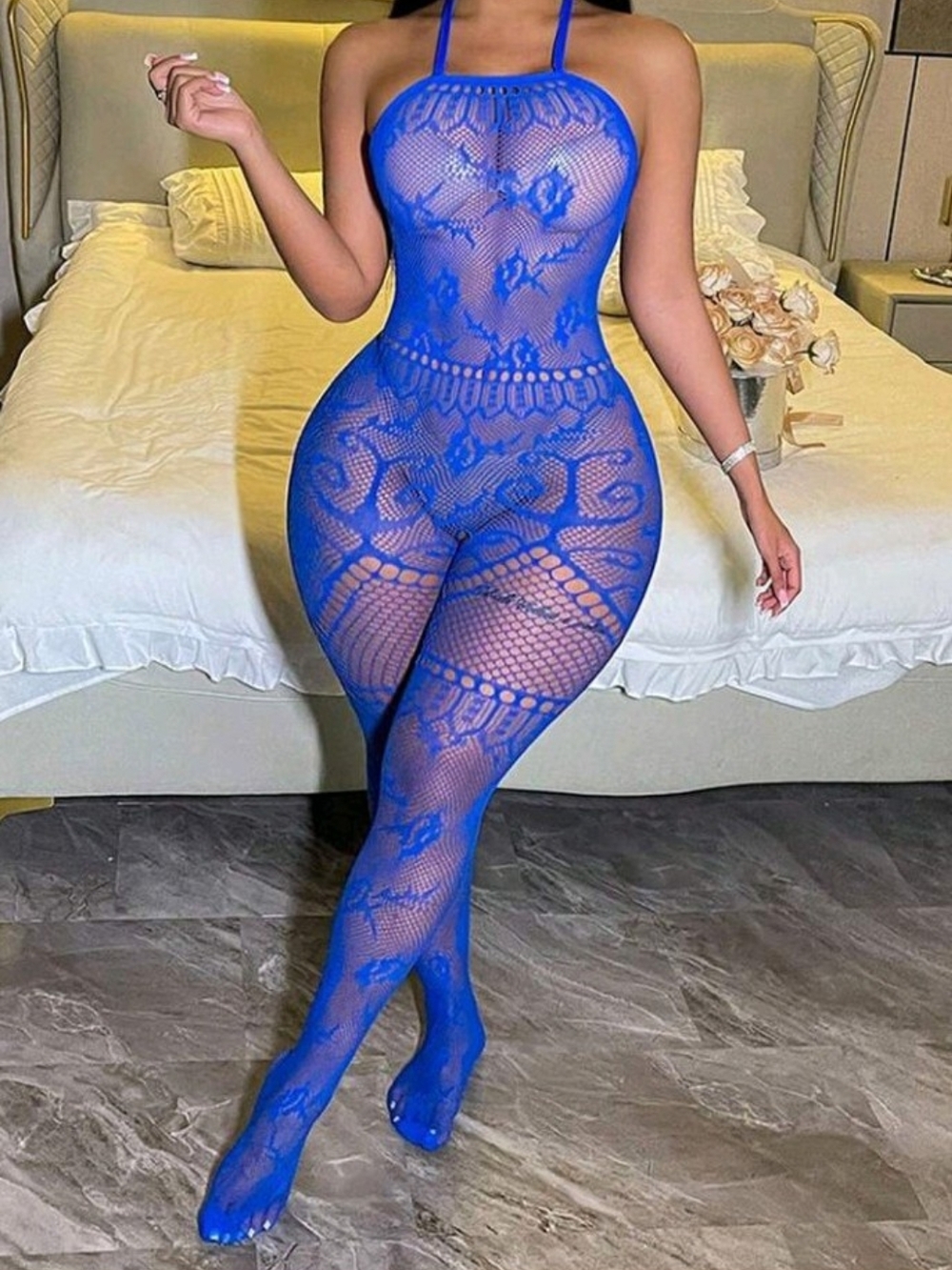 Women’s Sheer Lace Blue Bodystocking